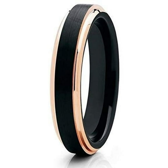 Silly Kings Jewelry 4mm - Black Tungsten Ring - Black Tungsten - Rose Gold Tungsten - Comfort Fit (9.5)