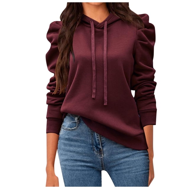 GPOECD Chandails à Capuche Décontractés à Manches Longues Bouffantes pour Femmes, Chandails à Capuche à Cordon, Coupe Ample, Chandails Unis, Mode d'Automne, Rouge, P