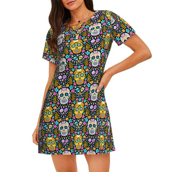Bixox Sugar Skulls Pattern Women's Nightgown, Soft & Breathable Sleepwear, Round Neck Knee-Length Pajama Dress,Loungewear for Home & Sleep
