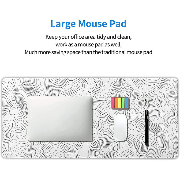 Topographic Contour White Gaming Mouse Pad XXL Geographic Map Lines  Extended Big Large Desk Mat Non-Slip Rubber Base Stitched Edge Long  Keyboard