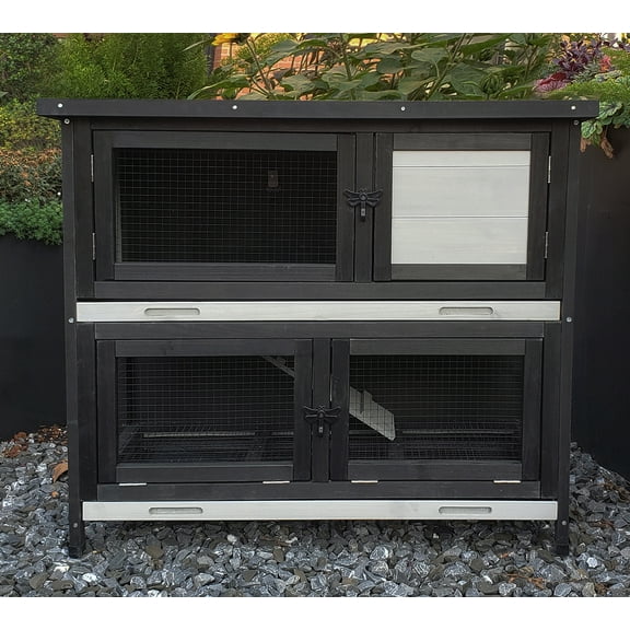 Double Level Solid Wood Rabbit Hutch Small Animal Cage for Rabbits, Guinea Pigs, Hedgehogs & Lizards Indoor/Outdoor–2-Tier Eco-Friendly Habitat with Bedding Area