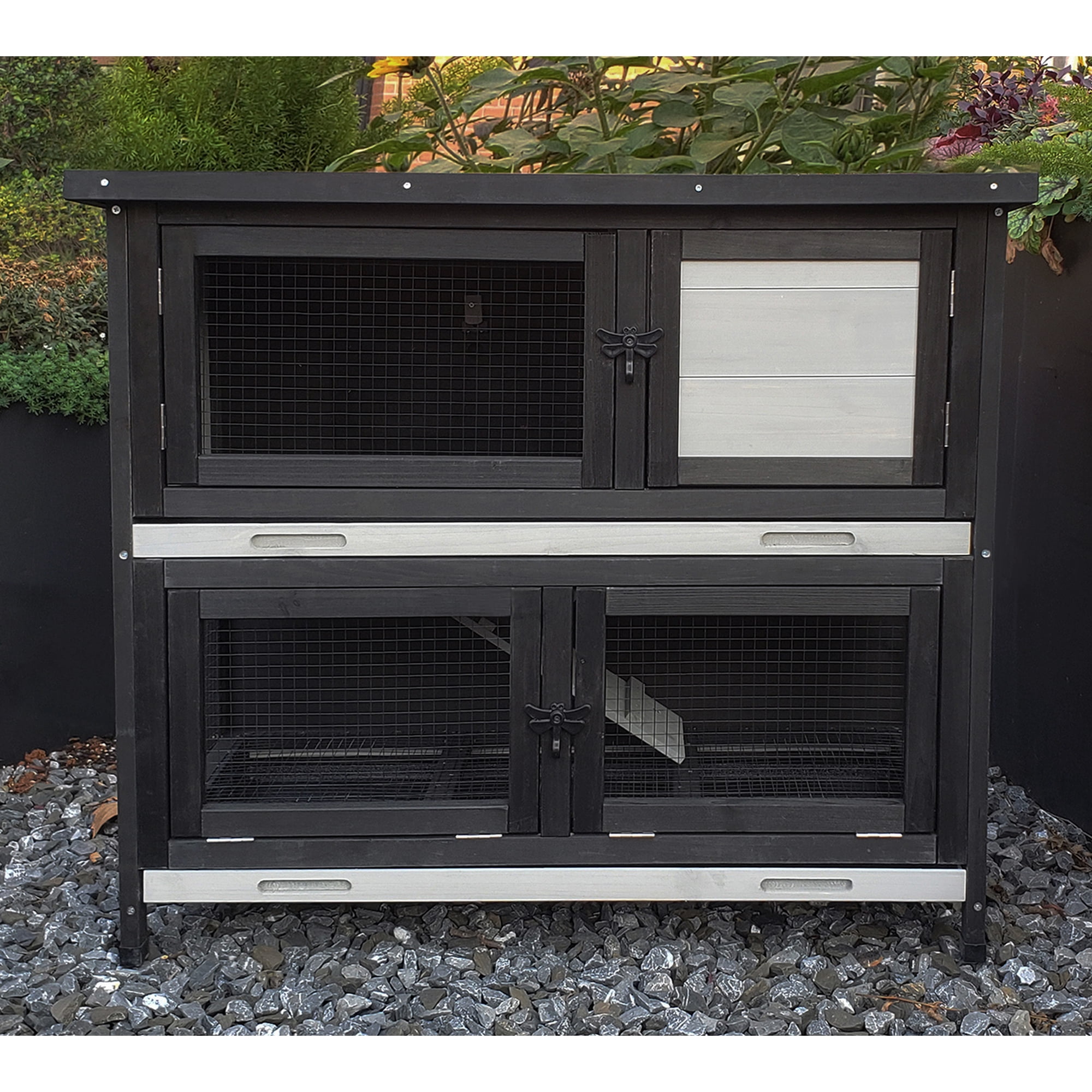 Double Level Solid Wood Rabbit Hutch Small Animal Cage for Rabbits, Guinea Pigs, Hedgehogs & Lizards Indoor/Outdoor–2-Tier Eco-Friendly Habitat with Bedding Area