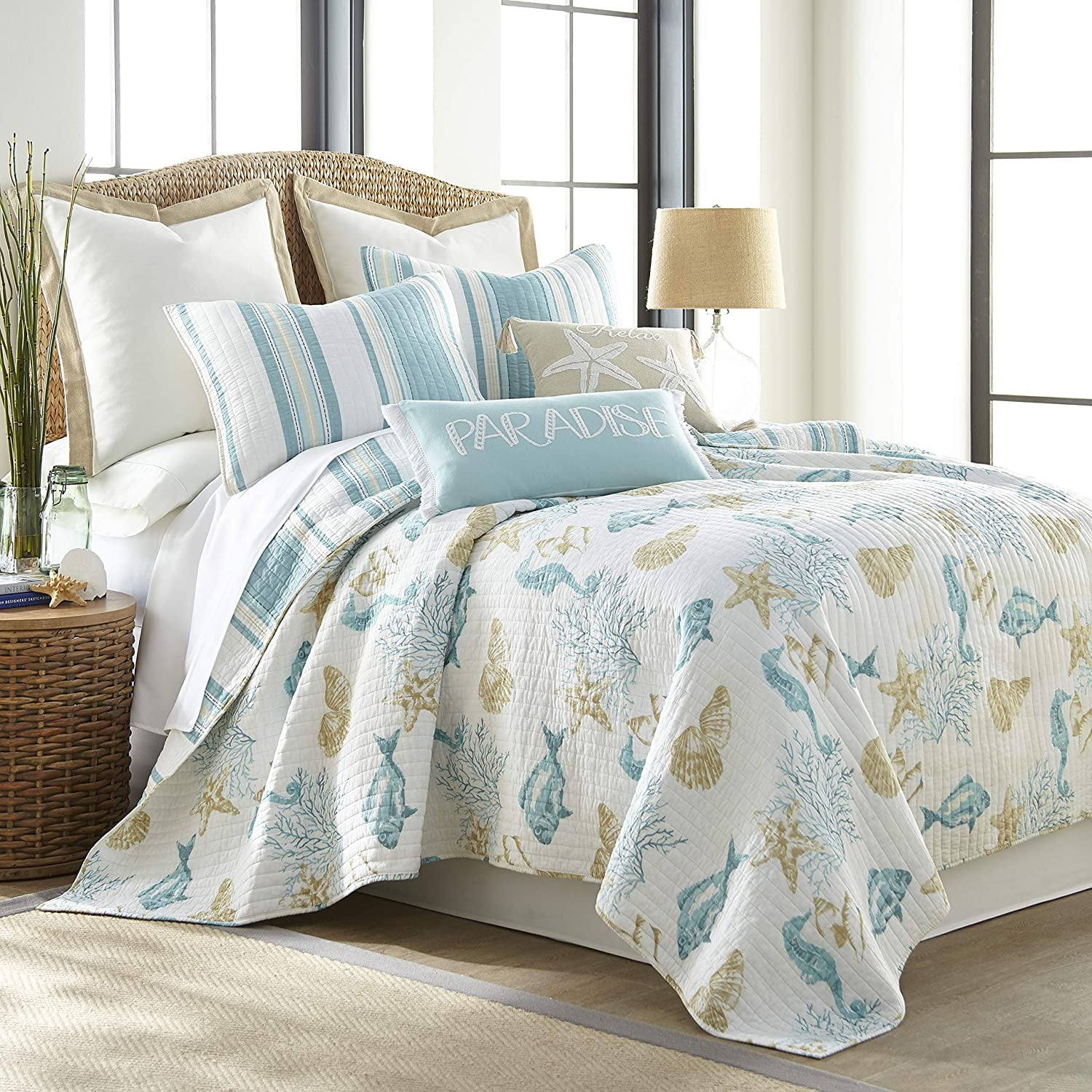 White Sea Life Aqua Blue Taupe Cotton Levtex home Quilted Throw - Reversible San Sebastian 50x60in