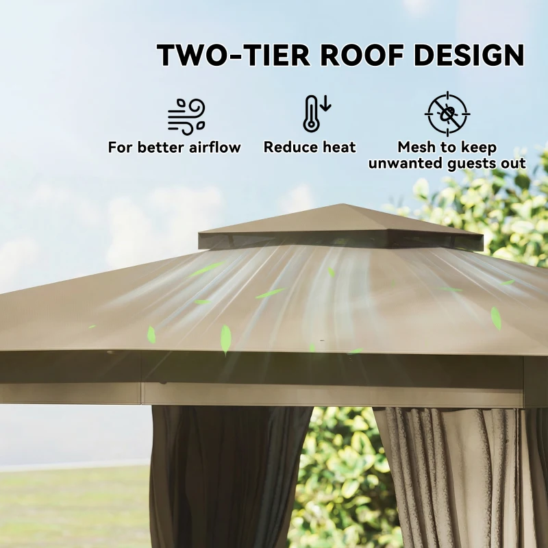 12 X 9 FT Double-roof Design Canopy Shelter, Large Outdoor Gazebo with Steel Columns, Outdoor Heavy Duty Party Tent with Mosquito Nettings and Privacy Screens for Backyard, Garden, Lawn, khaki