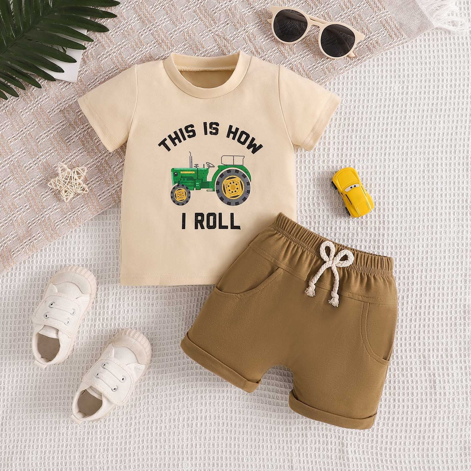 Ketyyh-chn99 Toddler Boy Clothes Summer Outfits Baby Boy Outfits Toddler Boys Summer Clothes Short Sleeve Truck Embroidery T-Shirt + Shorts 2Pcs Set for 2-3 Years,Beige