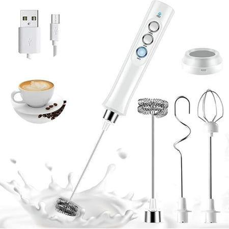 

Milk Frother Handheld Bauihr USB Rechargeable Electric Foam Maker with 3 Heads 3 Adjustable Speeds Mini Milk Foamer for Latte Cappuccino Coffee Hot Chocolate Matcha (White)