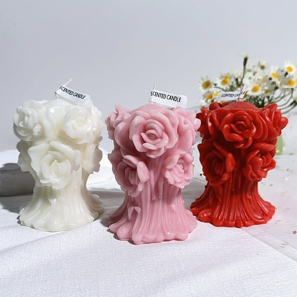 Xihbxyly Vela con Ramo de Rosas En Relieve, Exquisito Diseño En Relieve, Cera Natural, Elegante Detalle Decorativo para El Hogar, Aromaterapia, Accesorio de Fotografía, Regalo de San Valentín, 9,5 X