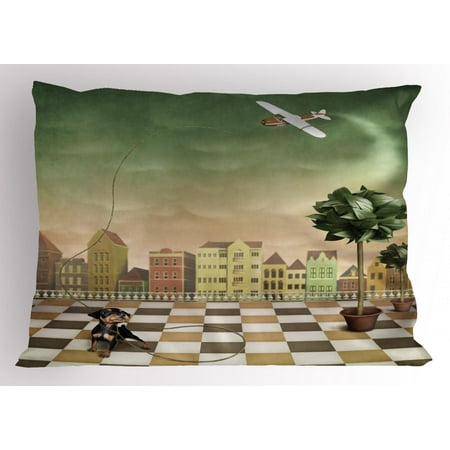 Mural Pillow Sham Computer Graphic Design of Puppy Staring at a Toy Plane on Checkered Patterned Ground, Decorative Standard Size Printed Pillowcase, 26 X 20 Inches, Multicolor, by Ambesonne