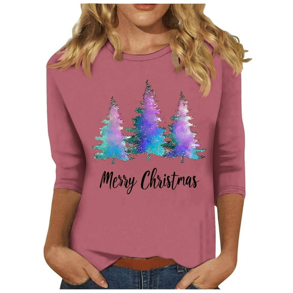 asdoklhq Christmas Plus Size Sweaters for Women's Christmas Printed Round Neck 3/4 Sleeve T-shirt Loose Top Long Sleeve Round Neck Top/Shirt Pink 2X