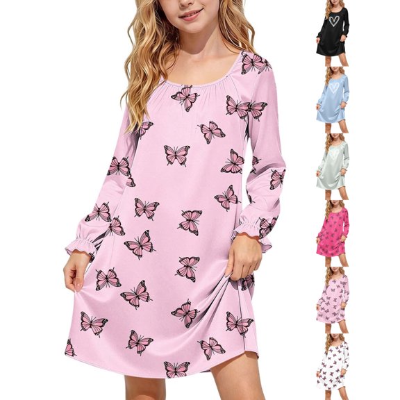 JOANKDMI Girls Butterfly Pattern Nightgowns Long Sleeve Sleepwear Soft Nightshirt Comfy Casual Lounge Dress Ruffled Cuff Sleep Shirt Pj Nightwear Slumber Party Kids