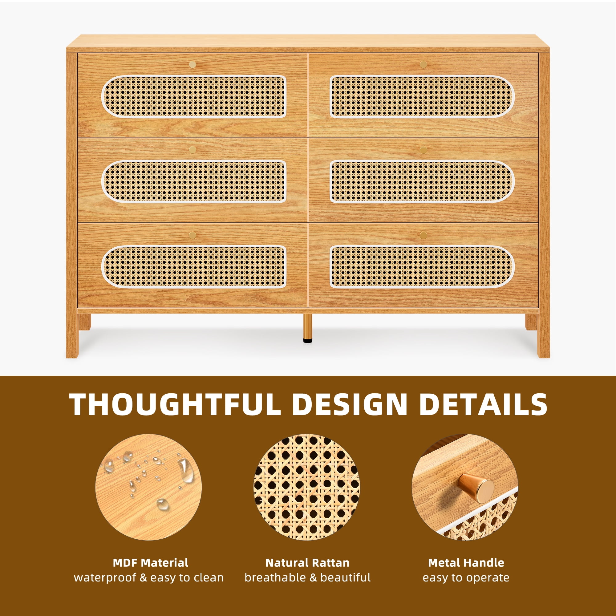 Uforic 6-Drawer Horizontal Double Dresser, Wood Chest of Drawers, Natural