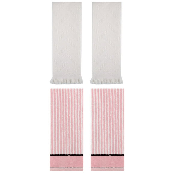 Unique Bargains 4 Pcs Striped Absorbent Cotton Hand Towels 13 x 29 Inch Pink/Beige