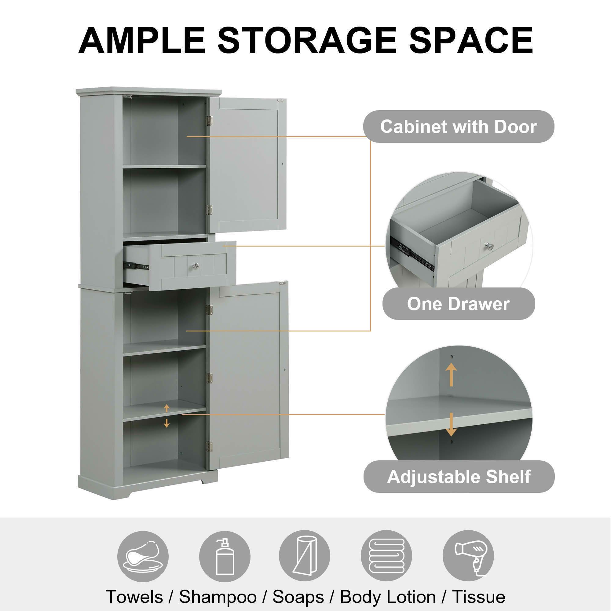 MAYEERTY Tall Bathroom Cabinet Freestanding Storage Drawer Adjustable Shelf MDF Painted Gray