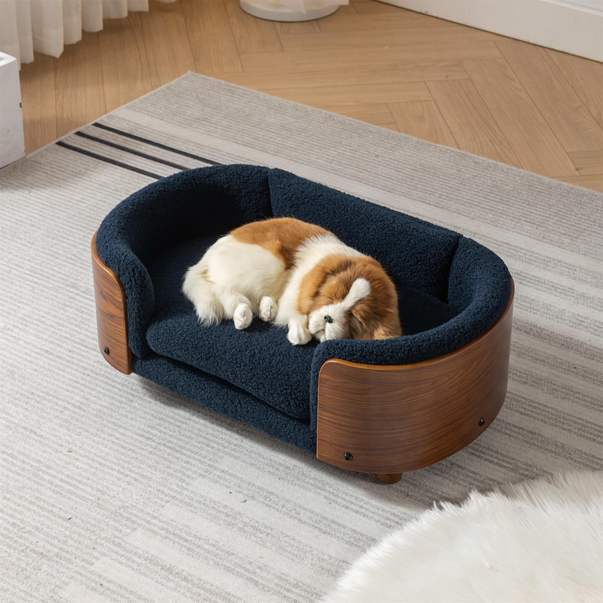 Pefilos 26" Pet Sofa for Indoors Dogs, Cat and Dog Bed with Solid Wood Legs and Walnut Bent Wood Back, Cashmere Cushion, Blue Pefilos 26" Pet Sofa for Indoors Dogs, Cat and Dog Bed with Solid Wood Legs and Walnut Bent Wood Back, Cashmere Cushion, Blue