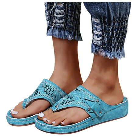 

Cathalem Womens Sandals Wide Width Out Beach Hollow Summer Shoes Open Slip-On Sandals Womens Breathable Walking Sandals Blue 6.5