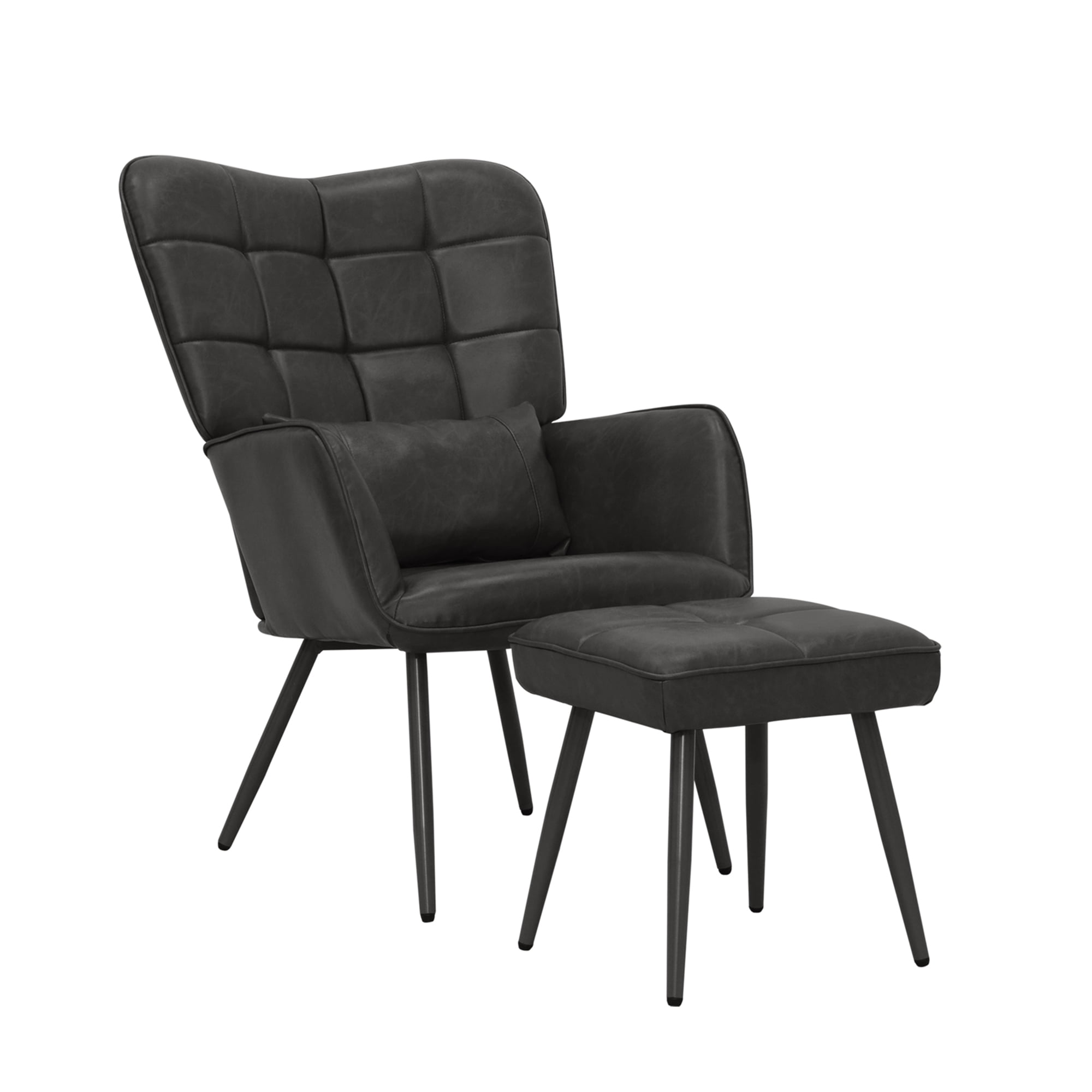 Abble Faux Leather Accent Chair with Ottoman and Toss Pillow for Living Room, Bed Room, Black