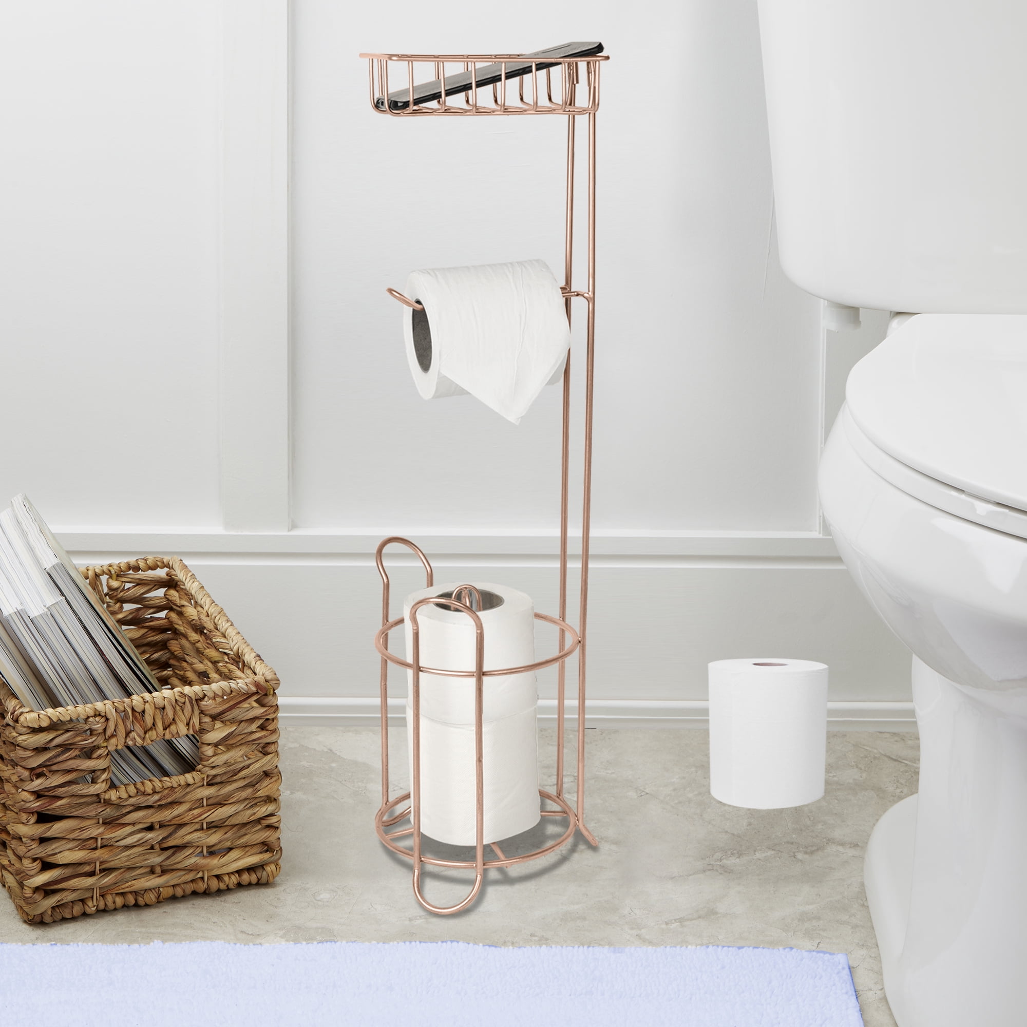 nu steel Freestanding Metal Wire Toilet Paper Holder Stand and Dispenser Shelf for Cell,Mobile Phone-Bathroom Storage Organization-Holds 3 Mega Rolls, Copper