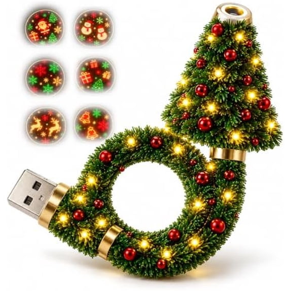 Plug and Play Hd USB Christmas Tree Projector with 6 Festive Scenes, Christmas Tree Design Holiday Glow Plug in Night Light Ceiling Projector Indoor, for Room Decor Party Xmas Gifts