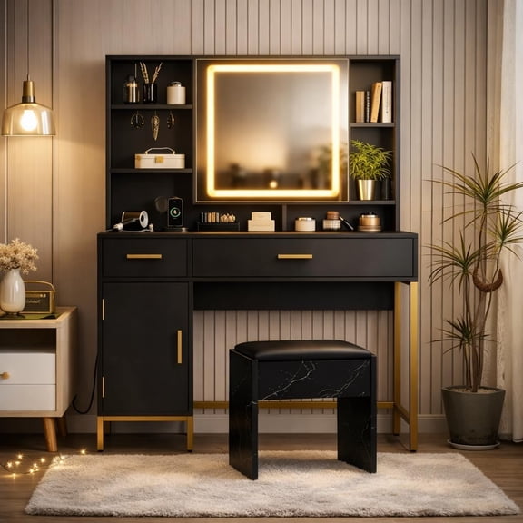 Vanity Table with Lighted Mirror and Charging Station, Makeup Vanity Desk with Drawers, Shelves, and Upholstered Stool, 3 Light Modes,Black
