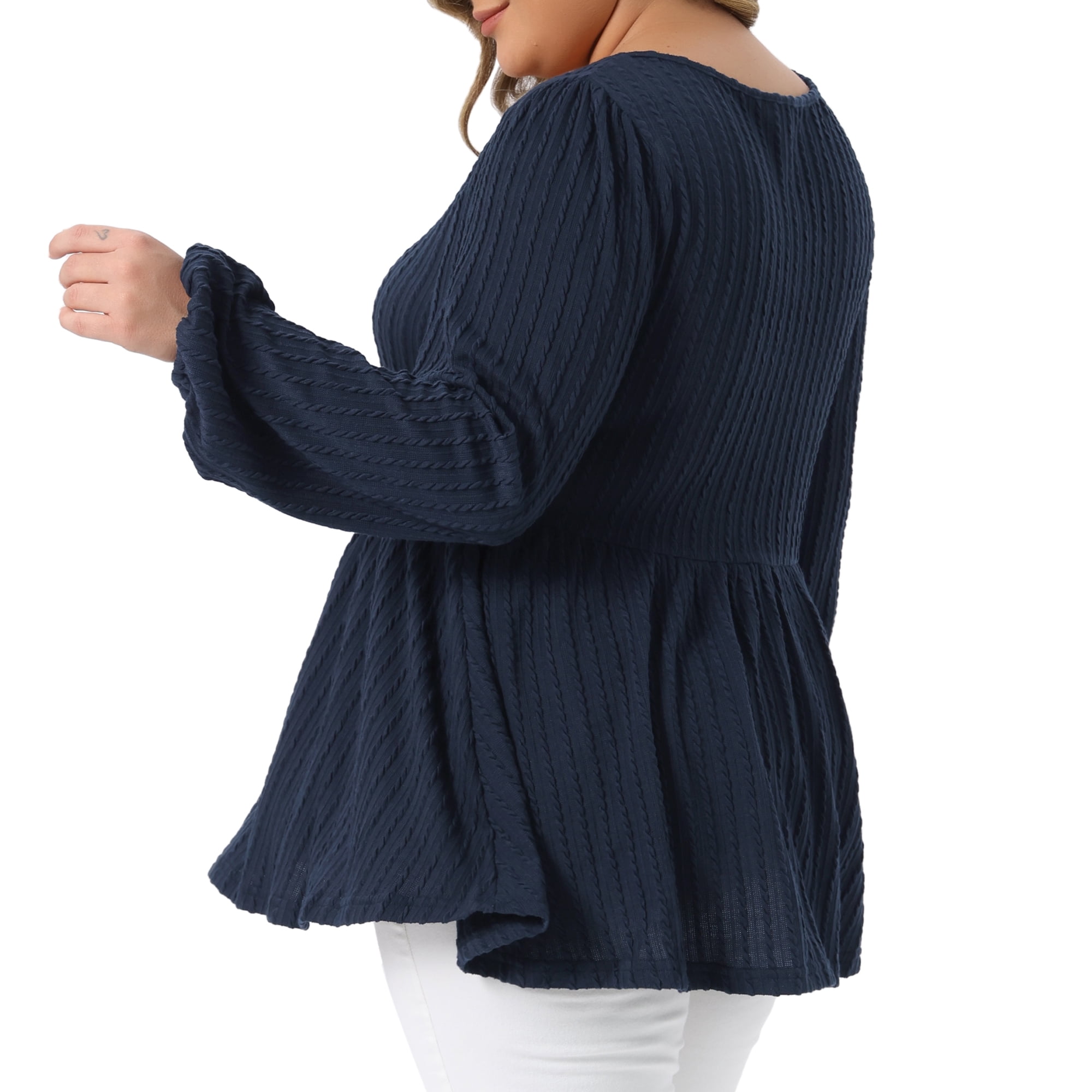 DARING DIVA Women's Plus Blouses Scoop Neck Ruffle Hem Peplum Knit Top 1X Dark Blue