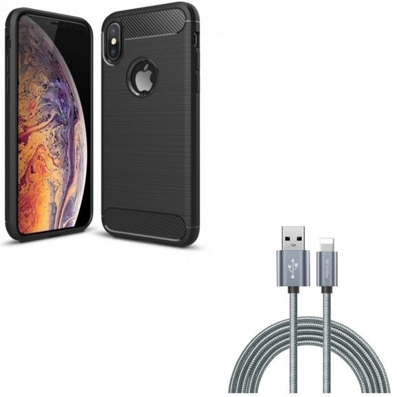 Case w 10ft USB Cable for iPhone XS/X - Carbon Fiber Slim Fit Cover Reinforced Bumper Shock Absorbent, Charger Cord Power Wire Braided Long for iPhone XS/X