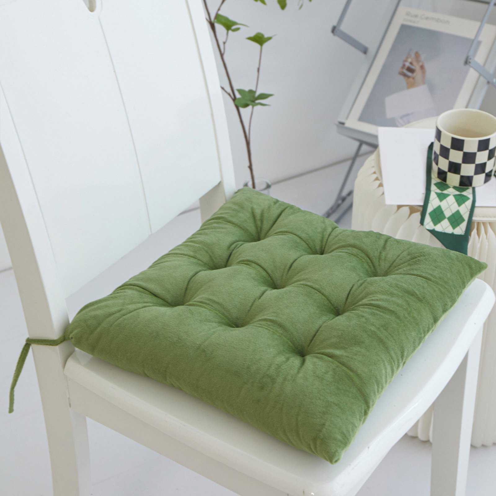 Comefolife Student Solid Color Thicken Removable Non-Slip Dining Room Indoor Outdoor Chair Cushions Seat Pad with Ties for Soft Chair Cushion for Office Car Home Decoration (Army Green)