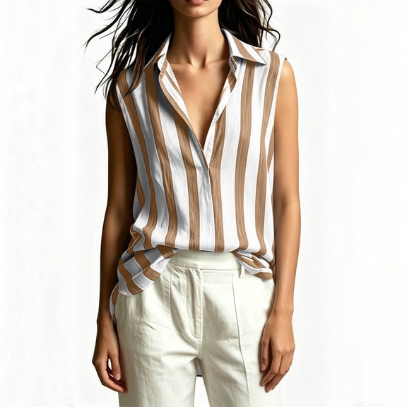 Noric Women's Striped Print Tank Tops Sleeveless V-Neck Collar Casual Summer Trendy Office Blouse