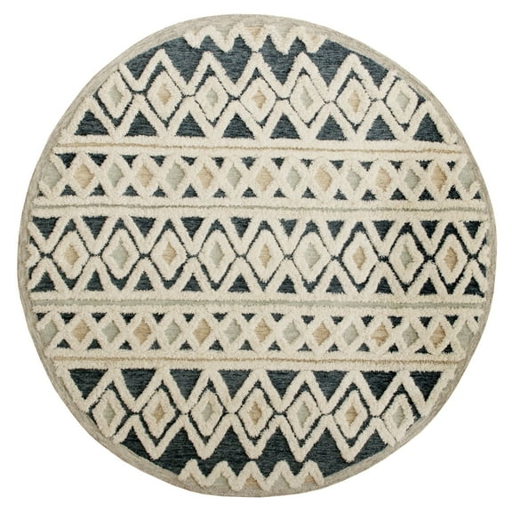 Laddha Home Designs 4' Blue and Cream White Geometric Diamonds Hand Tufted Round Area Throw Rug