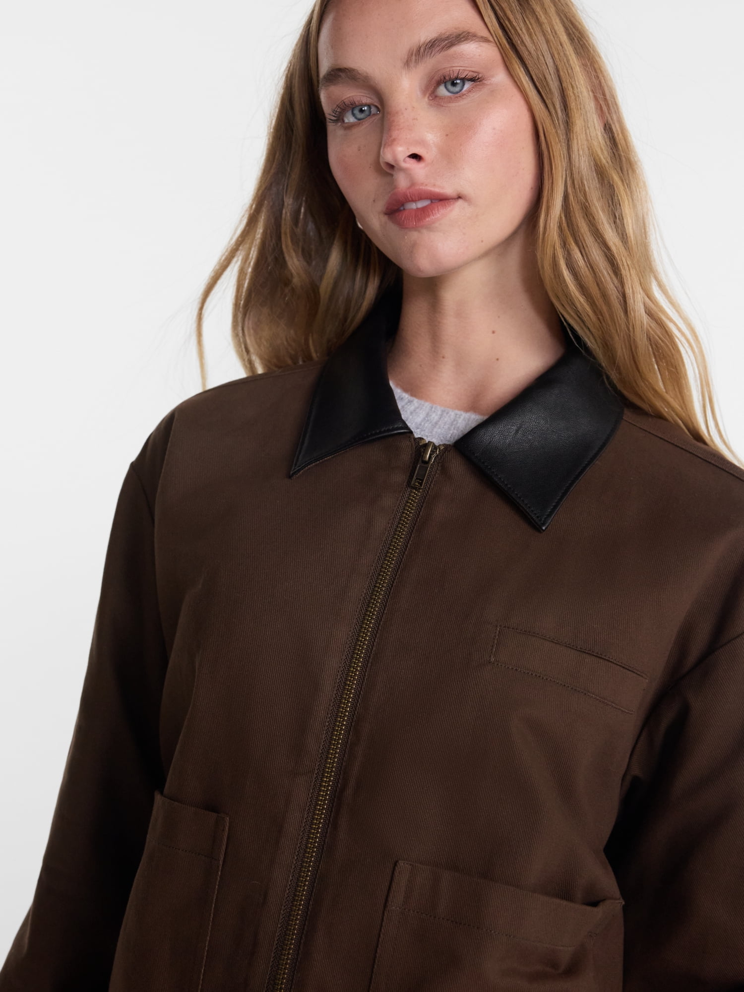 No Boundaries Cotton Twill Barn Jacket with Faux Leather Collar, Women's XXS-4X