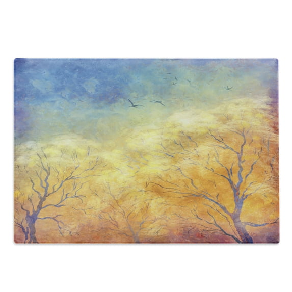 Nature Cutting Board, Autumn Trees Gulls Skying in Sky Watercolor Paintbrush Fall Art, Decorative Tempered Glass Cutting and Serving Board, Large Size, Blue Marigold Yellow, by Ambesonne
