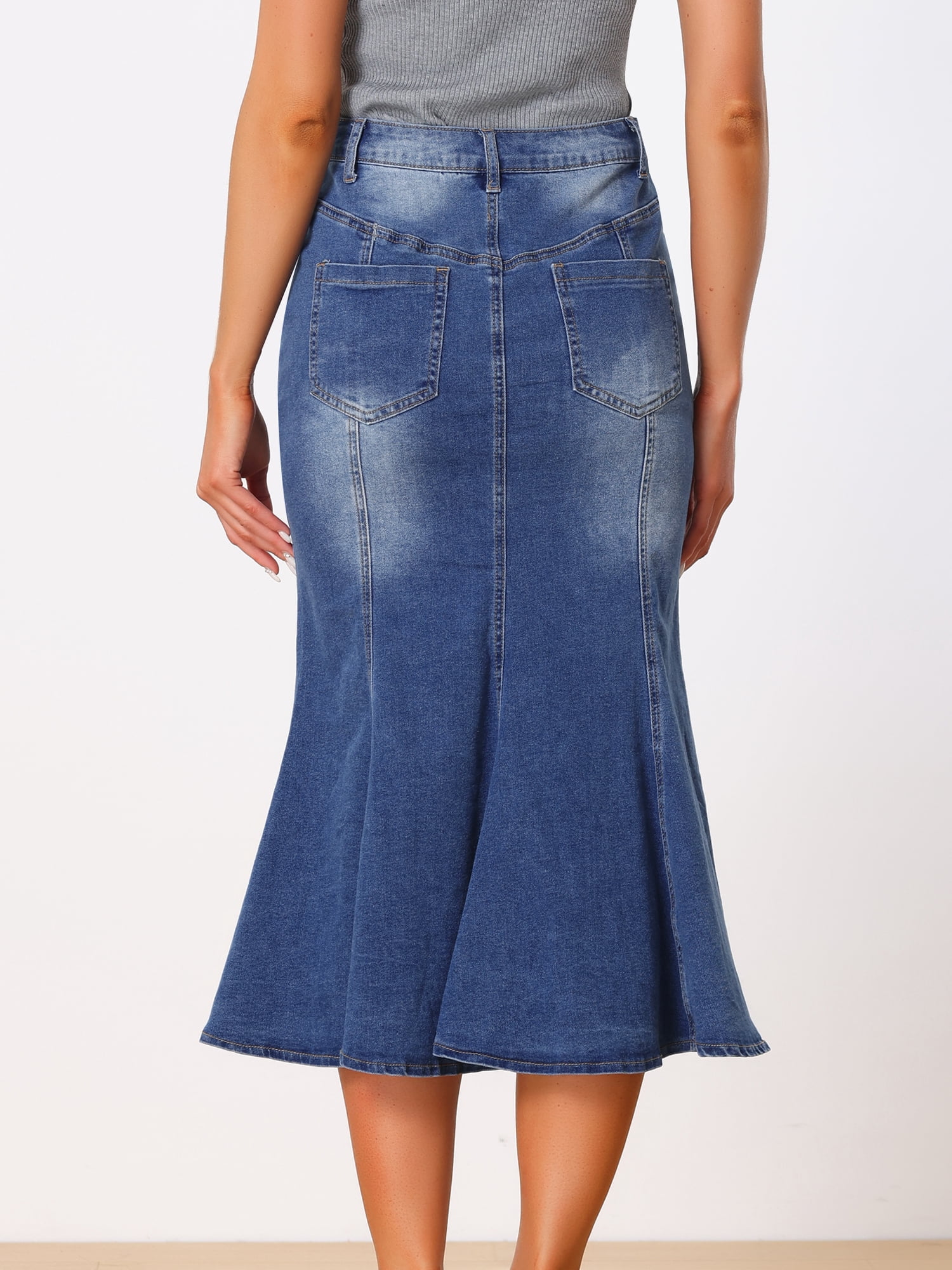 DARING DIVA Fishtail Denim Skirt Women's Washed Midi Jean Bodycon Skirt S Blue