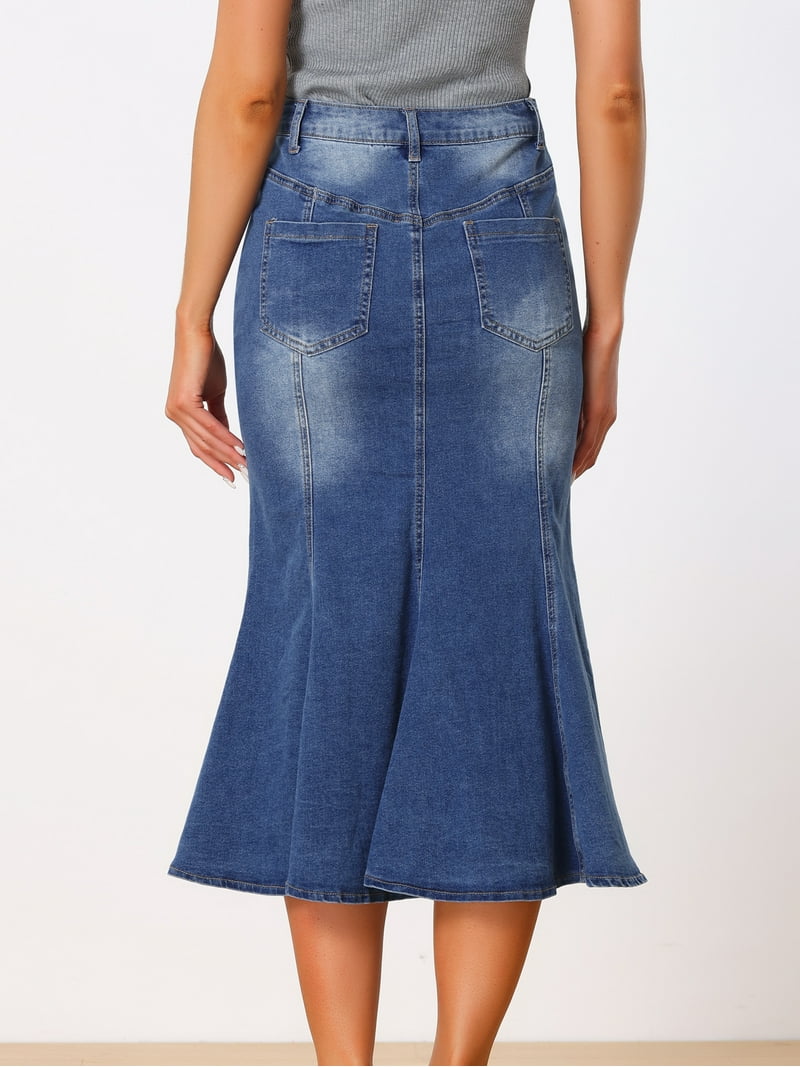 DARING DIVA Fishtail Denim Skirt for Women's Washed Midi