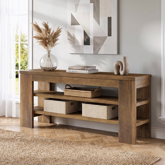 Fnova 55" Farmhouse TV Stand, Entertainment Center with Open Storage Shelves, Modern Television Stand Media Console Table for Living Room, Bedroom, Brown