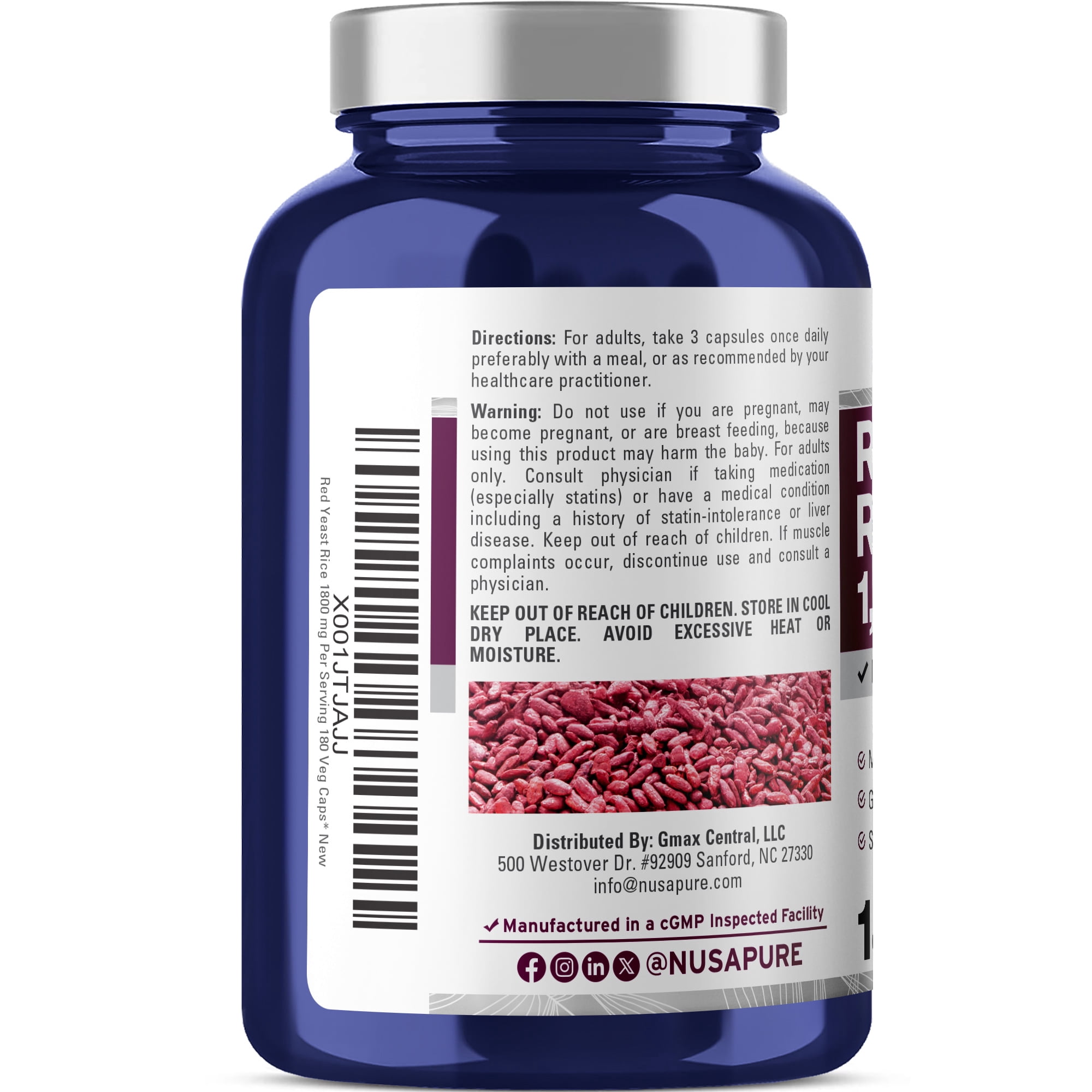 NusaPure Red Yeast Rice 1800mg 180 Veggie Capsules (NON-GMO, Gluten Free)