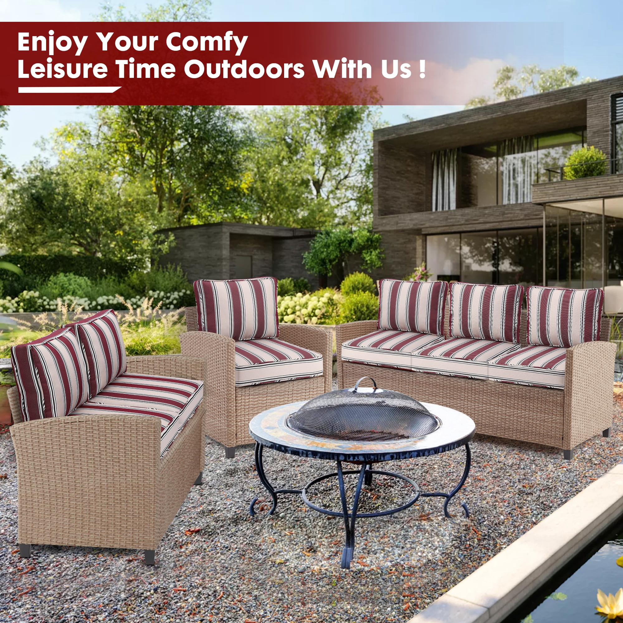 Outdoor Deep Seating Cushion Set, 24" x 24", Waterproof & Fade Resistant Patio Furniture Cushions with Handle, Deep Seat and Back Cushion for Chair and Sofa (2, Red Stripe)