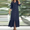 thumbnail image 2 of Olyvenn Womens Plus Size Cotton Linen Long Shirt Dress Vintage Solid Color Buttons Lapel Turndown Collar Button Down Ruffled Hem Loose Fit Casual Pockets Smocked Denim Long Sleeve Dark Blue 14, 2 of 6