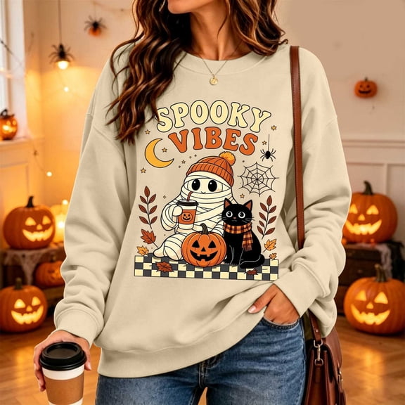 Womens Crew Neck Sweatshirts Spooky Vibes Mummy Black Cat Pumpkin Graphic Vintage Y2K Pullover Streetwear Top Fall Winter Oversized Sweatshirts Beige L