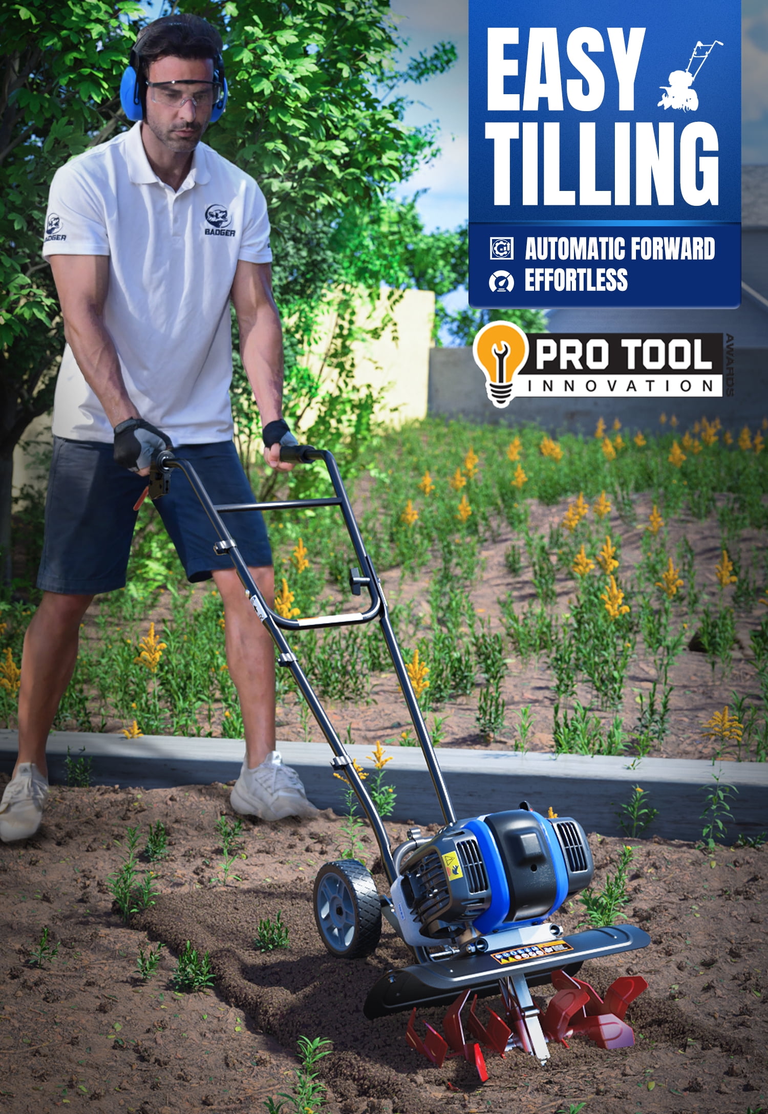 WILD BADGER POWER Garden Tiller 53cc Mini Cultivator 15-inch.
