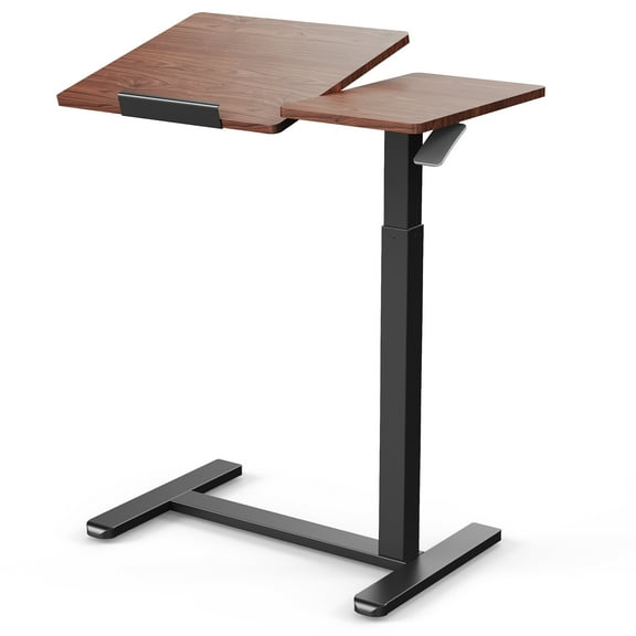 Pneumatic Adjustable Desk, Ergonomic 90° Swivel, 15.75" Height Settings, Spill-Proof Design, Hidden Casters– Perfect for Living Room, Bedroom, or Patio, Desk Decor, Walnut
