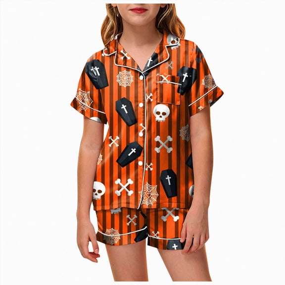 UAYOTSE Kids Collared Satin Pajama Set, Easy Button‑Front Short‑Sleeve Top and Sleep Shorts, Soft Loungewear for Girls All‑Season Use Size 6-7 Years
