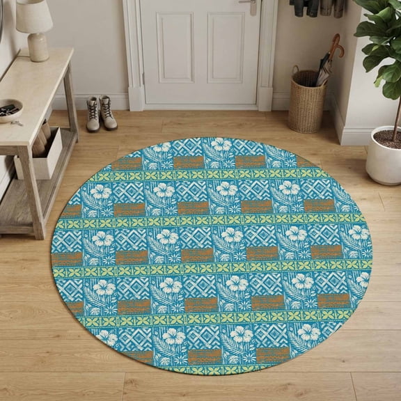 Bohemia Round Area Rug 5Ft Washable Circle Rugs for Living Room Bedroom, Tropical Plants Floral Plaid Vintage Rustic Blue Non-Slip Carpet Floor Mats Indoor Outdoor Carpet Runner Aesthetic Home Decor