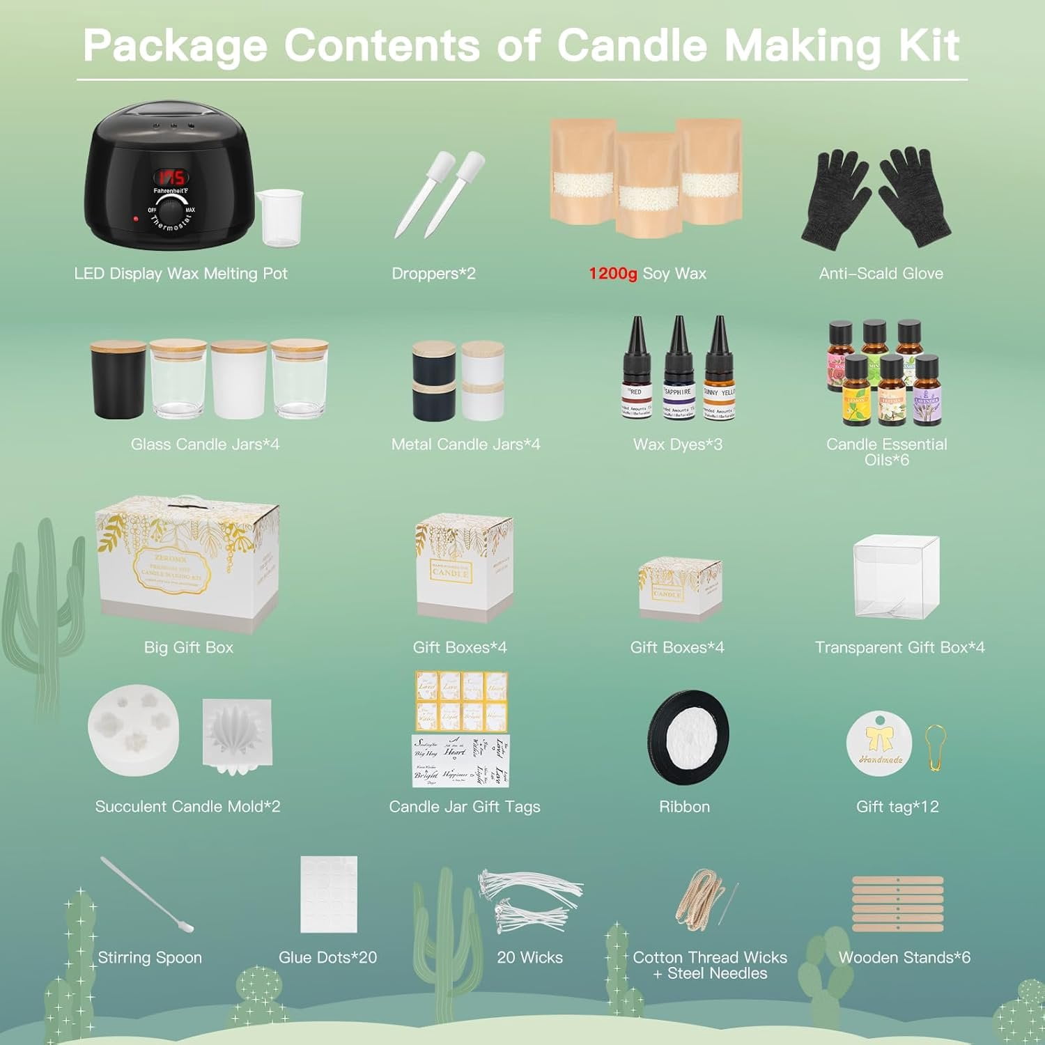 Candle Making Kit for Adults & Beginners - -in- DIY Candle Supplies with 1200g  Soy Wax, Hot Plate, 2 Succulent Molds, 8 Jars &  Boxes |  for  Crafts & Gifting