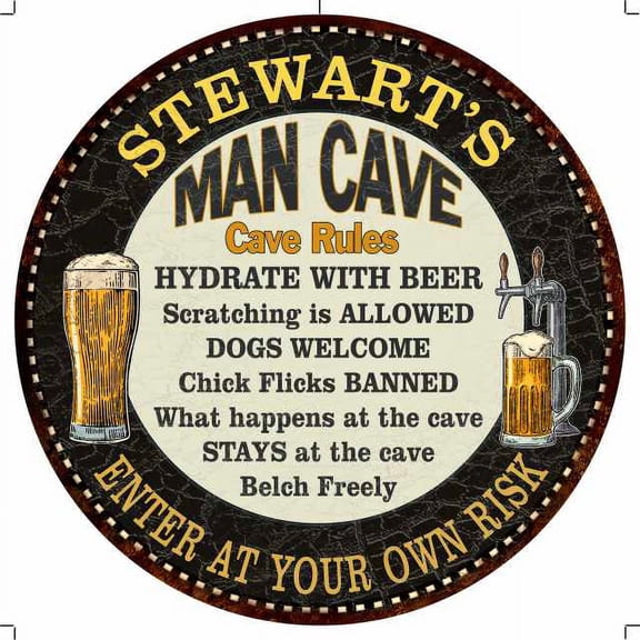 STEWART'S Man Cave Rules 14" Round Metal Sign Garage Wall Decor 100140010444