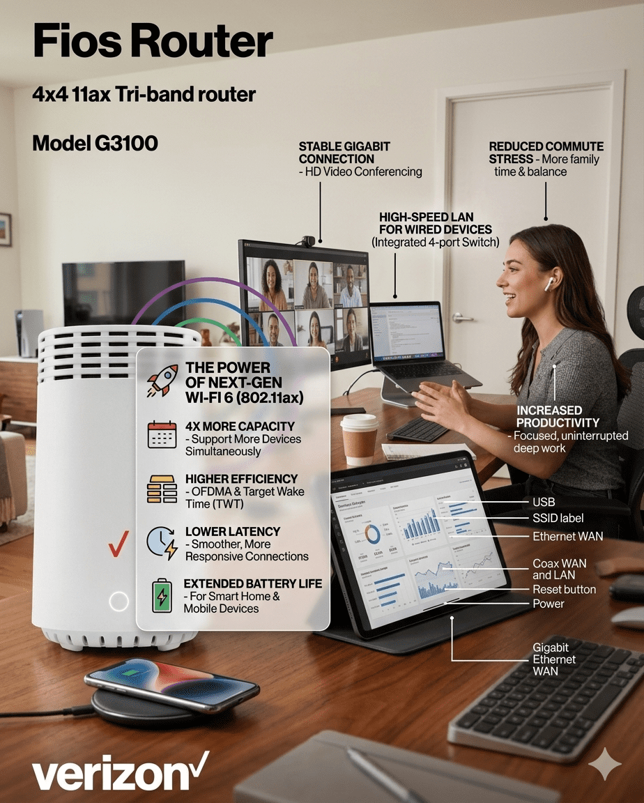 Pre-Owned Verizon G3100 4-Port 1000Mbps Fios Home Router Tri-Band White W/ AC Power Cord