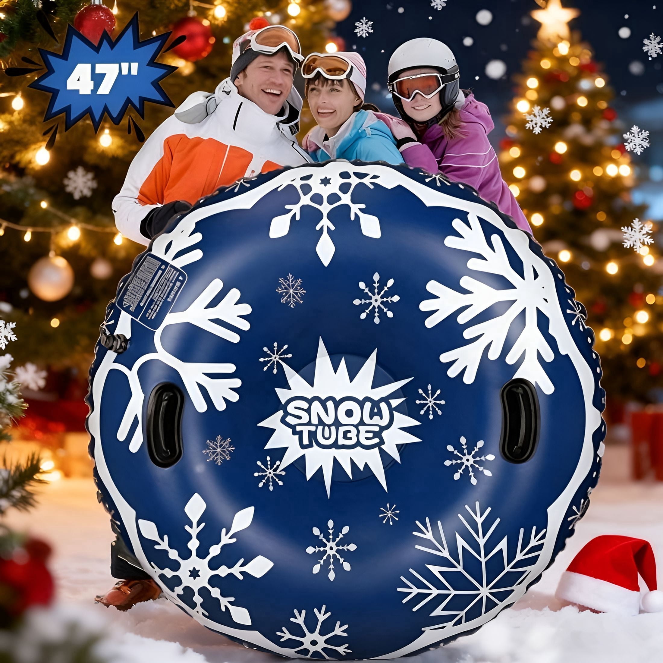 BESTSKY 2026 New 47" Snow Tubes, Heavy Duty Inflatable Snow Sleds with Handles for Kids Adults Sledding Skiing Winter Sports