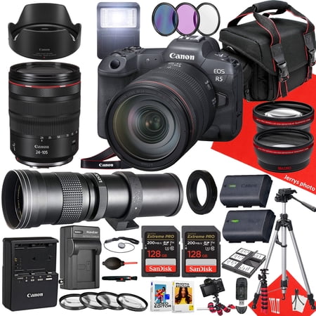 Canon EOS R5 Mirrorless Camera with 24-105mm f/4 L IS USM and 420-800mm Lens + 2PC 128GB Memory + Hood + Monopod + Filters + Tripod + More (36pc Bundle)