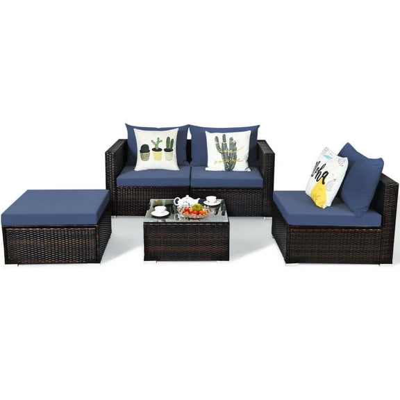 YYAo Garden Conversation Table Set, Conversation Loveseat Chairs Set,5 Pieces Patio Rattan Sectional Furniture Set with Cushions and Coffee Table -Navy