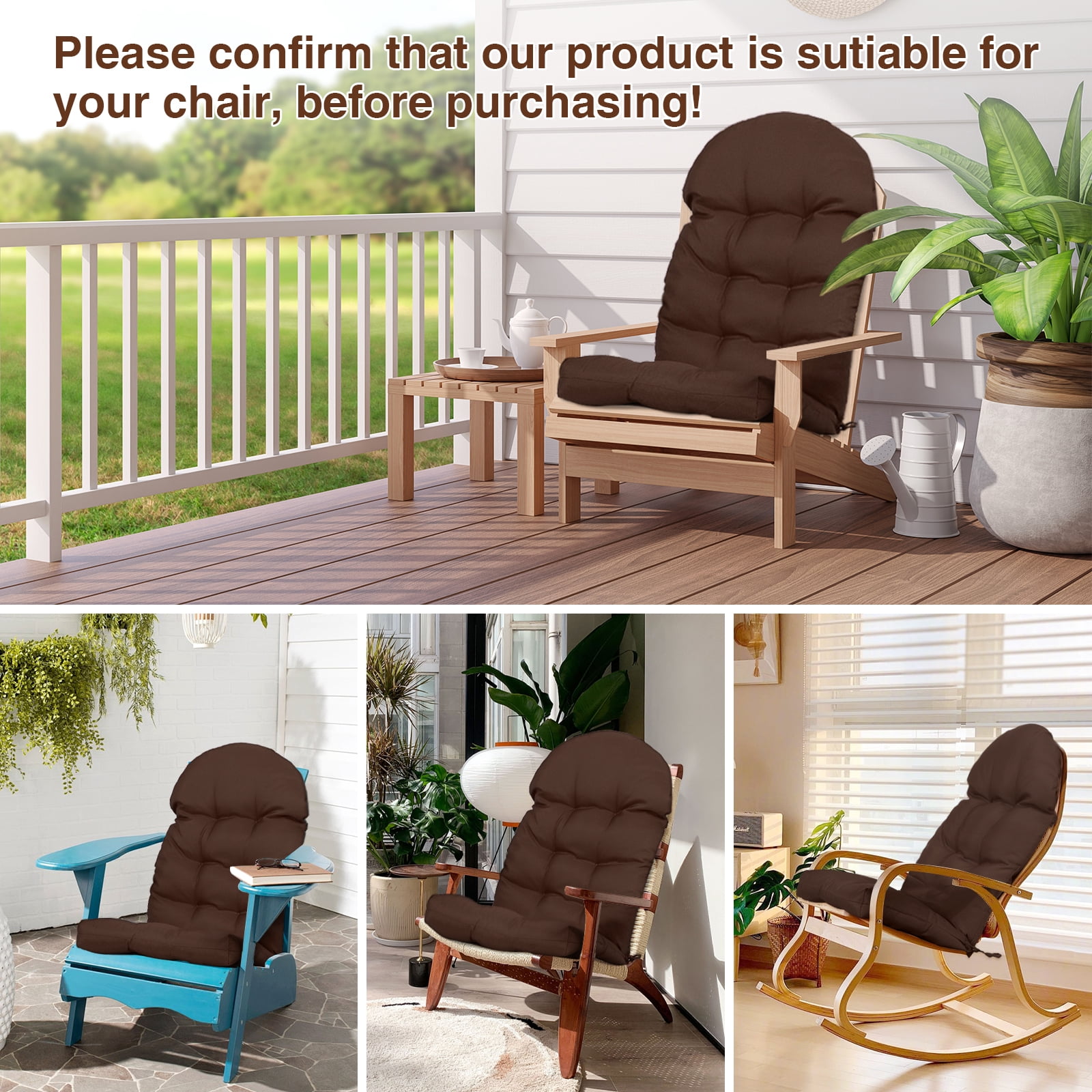 YEERSWAG Outdoor Adirondack Chair Cushions 43x20, Non-Slip Water Resistant High Back Patio Rocking Chair Pad with Ties,Brown