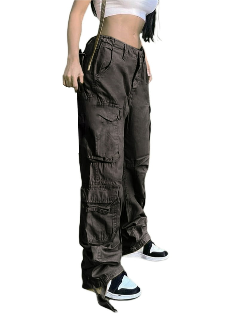 Women Casual Cargo Pants, Solid Color Zipper Trousers with
