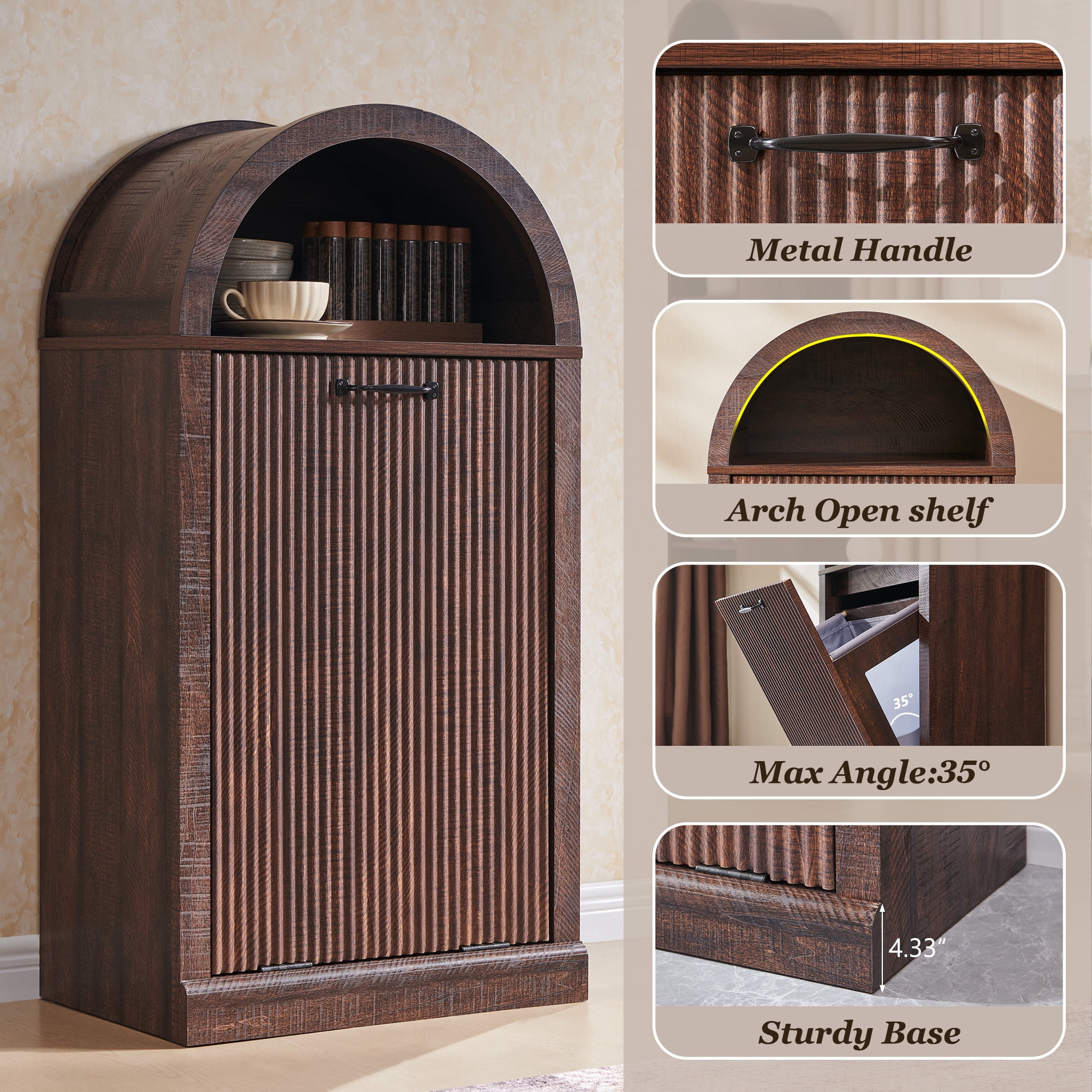 SinCiDo Fluted Arched Tilt-Out Trash Can Cabinet, 10 Gallon Hidden Garbage Can with Storage Basket for Kitchen, Living Room, Brown
